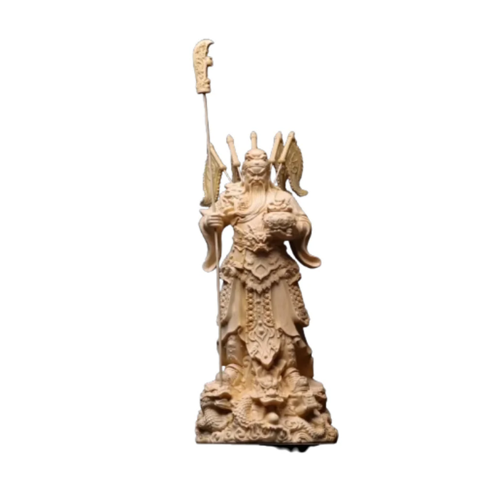 Hand Carved Wooden Guan Gong Statue God of War & Wealth Cai Shen Figurine Ornament Feng Shui Nine Dragons Home Office Desk Decor view 5