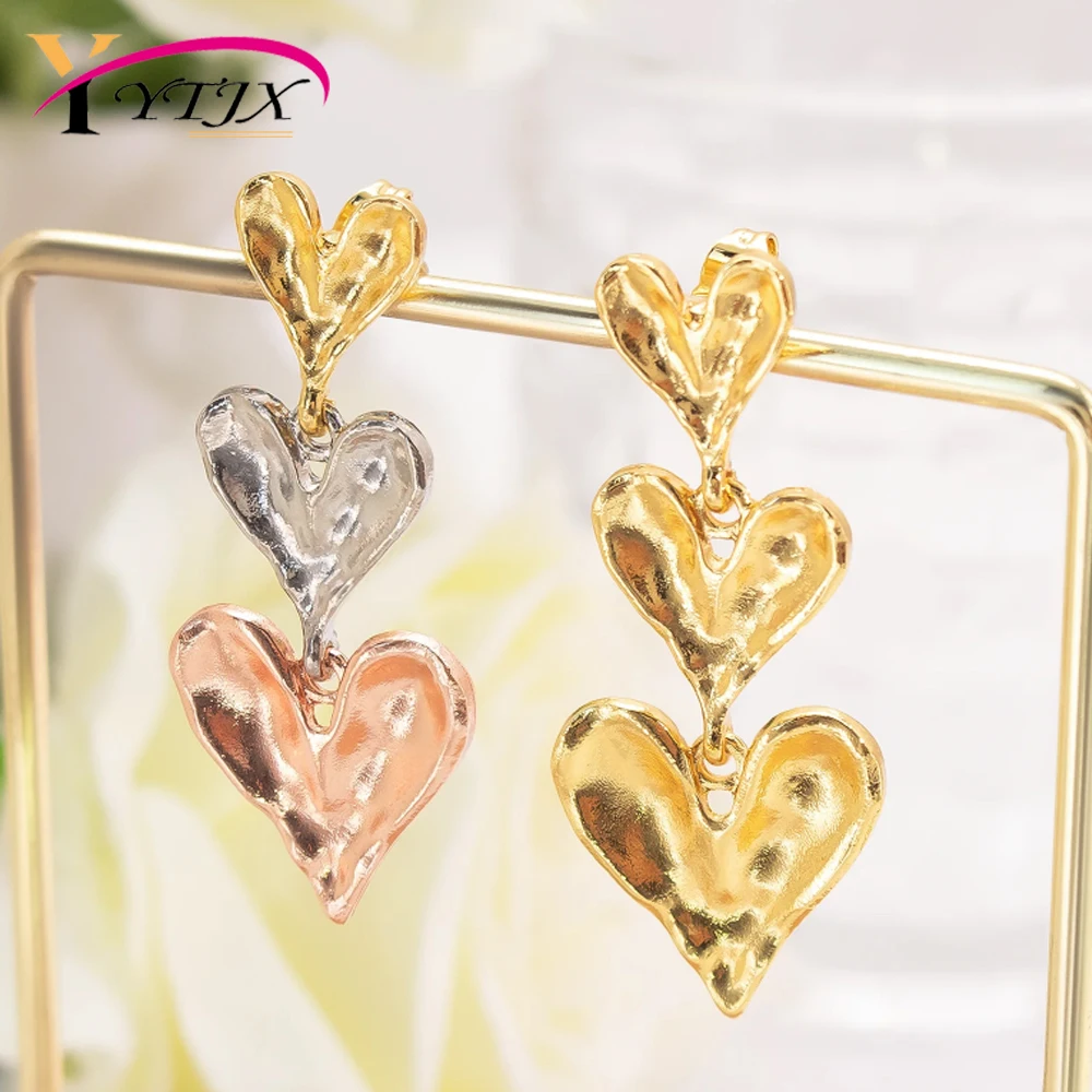 

YTJX Chic Heart Stud Earring Design Three Tone Long Drop Piercing Earrings For Women Best Birthday Jewelry Gift Y2K 2026 Trendy