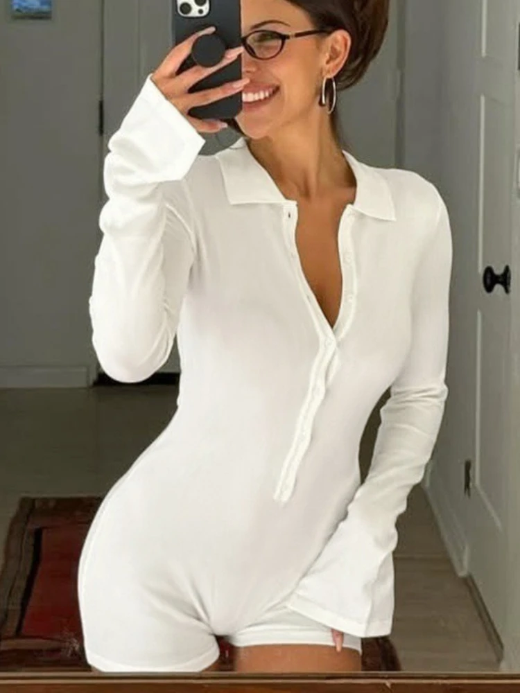 

Для женщин, повседневное боди с длинными рукавами, комбинезон с высокой талией, белые узкие шорты с отложным воротником, комбинезон