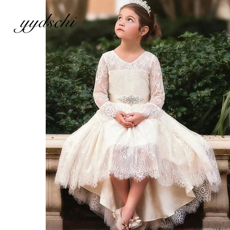 V-Neck Asymmetrical Flower Girl Wedding Dress Lace Long Sleeve Embroidered Party Costume Classic Bow Princess Prom Dress Chapel