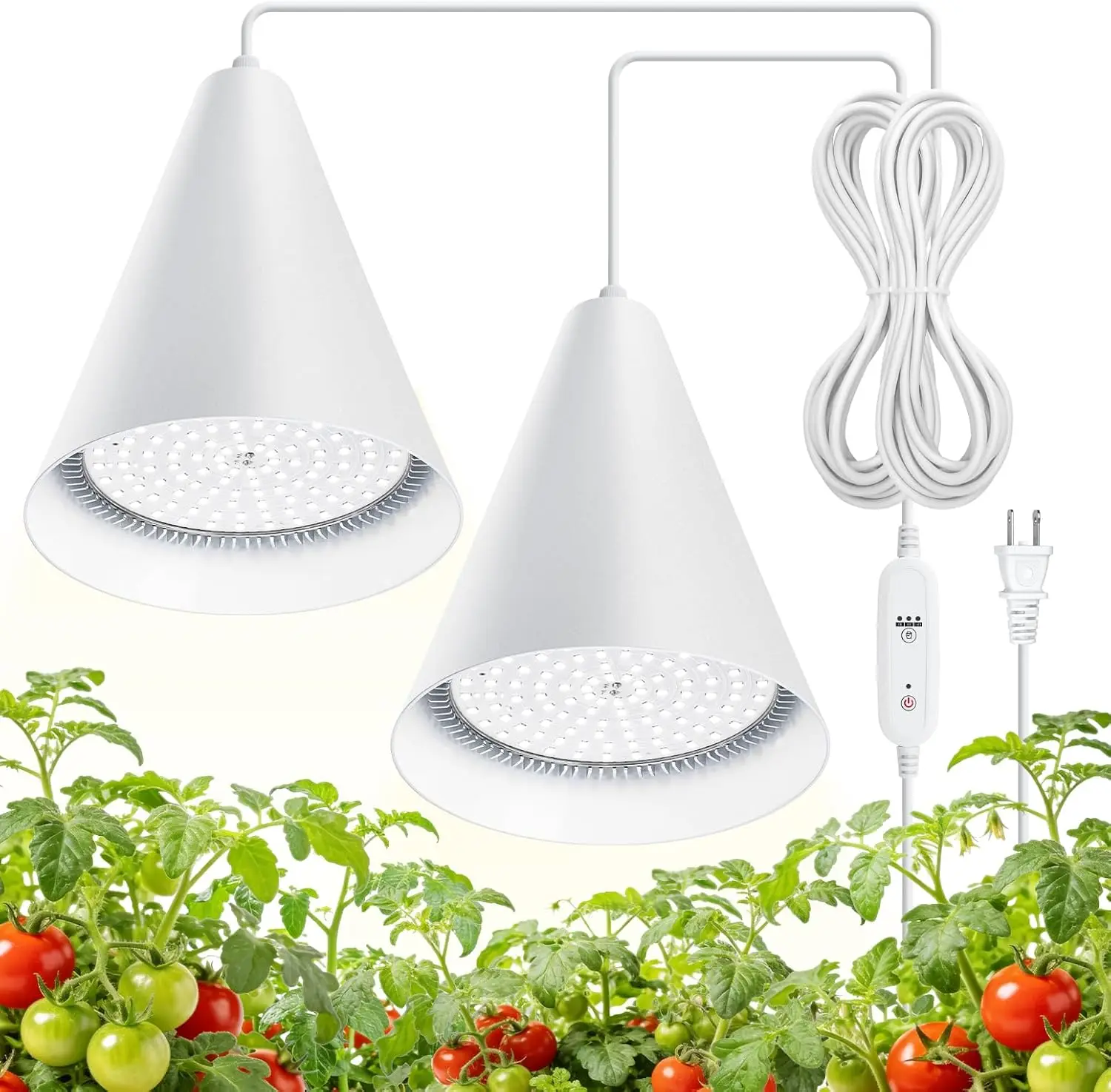 

Hanging Grow Lights for Indoor Plants, 50W Full Spectrum with Timer, 5000K Daylight White, Two Head One Cord