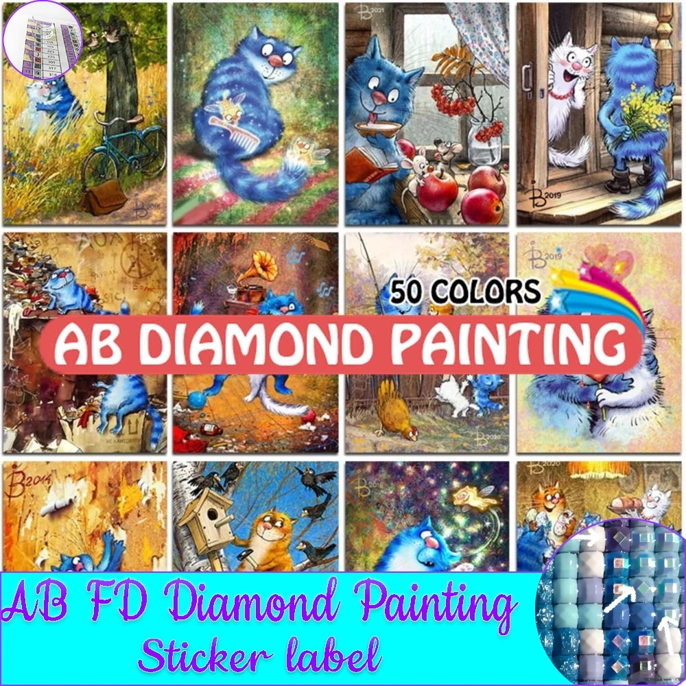 AB Drill Diamond Painting Blue Cat New Collection 50 Colors Kit Animals 5D DIY Zestaw do haftu krzyżykowego Mozaika do dekoracji wnętrz