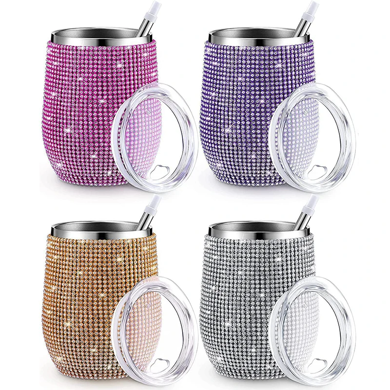 

12oz Shiny Diamond Tumbler With Sealed Lid Vacuum Flasks Thermo Coffee Mug Cup Drinkware Stainless Steel Hot Thermal Party Gift