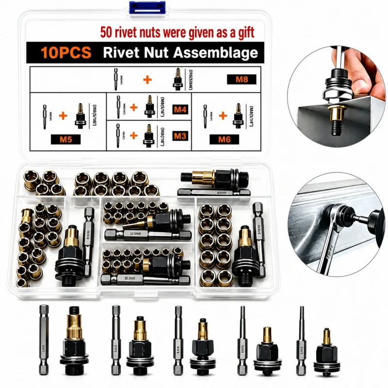 Head Type Rivet Nut Tool Kit M3M4 M5 M6 M8Carbon Steel Threaded Insert Nuts Set Hand Riveter Gun Accessories for Blind Fastening