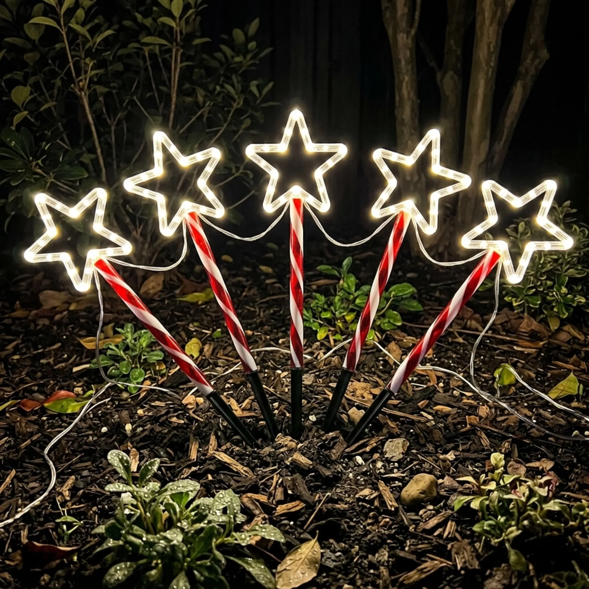 1 Set 10 Pcs Solar Star Candy Cane Pathway Stake Lights, LED Warm Light Pentagram Ground Lamp, IP44 Waterproof Outdoor Lawn Yard