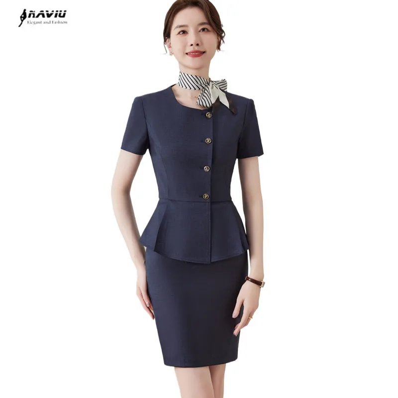 

NAVIU Summer Short Sleeve Formal Professional Business Suits 2 Piece Set With Skirt And Tops For Women Office Work Wear Uniform