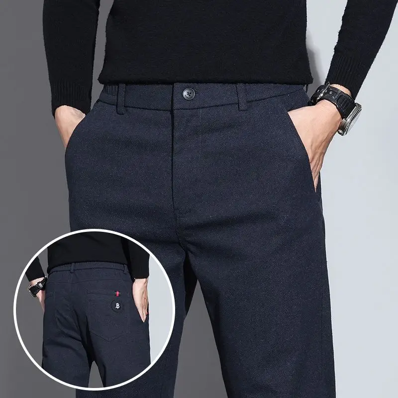 

Men Slim Fit Loose Straight Pants Male elastic Waistband Blazer Pants Elasticity Smart Casual Blue Trousers
