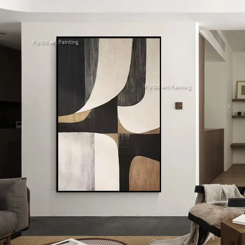 Black White Brown Abstract Canvas Thick Wall Art Simple Fashion Design For Room Decor Handpainted Beige Black Oil Painting
