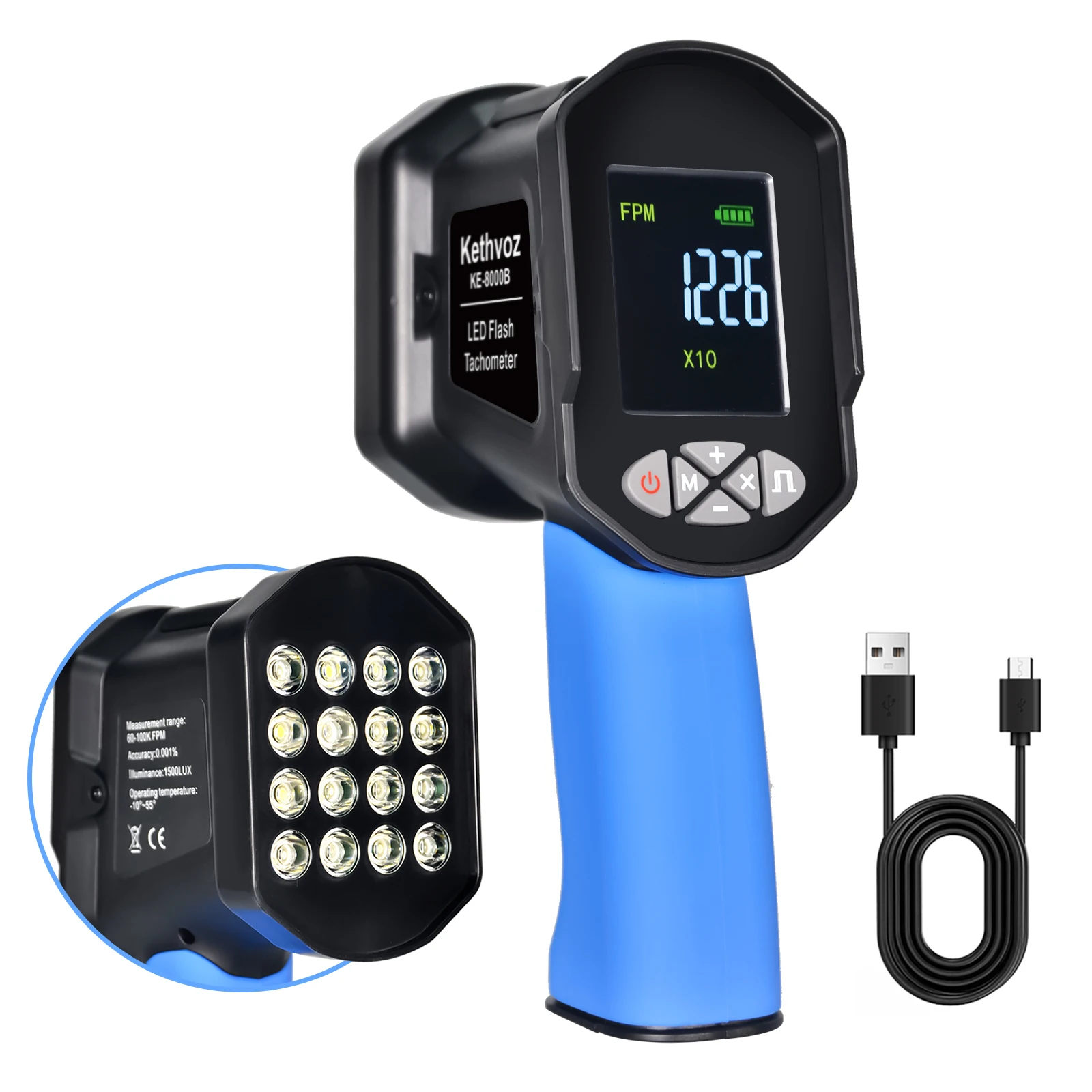 Handheld-LED-Stroboskop 60- 100000 Drehzahl, berührungslos, 16 einstellbare LEDs, LCD-Display, USB-Aufladung für Lüfter, Motor, Motor