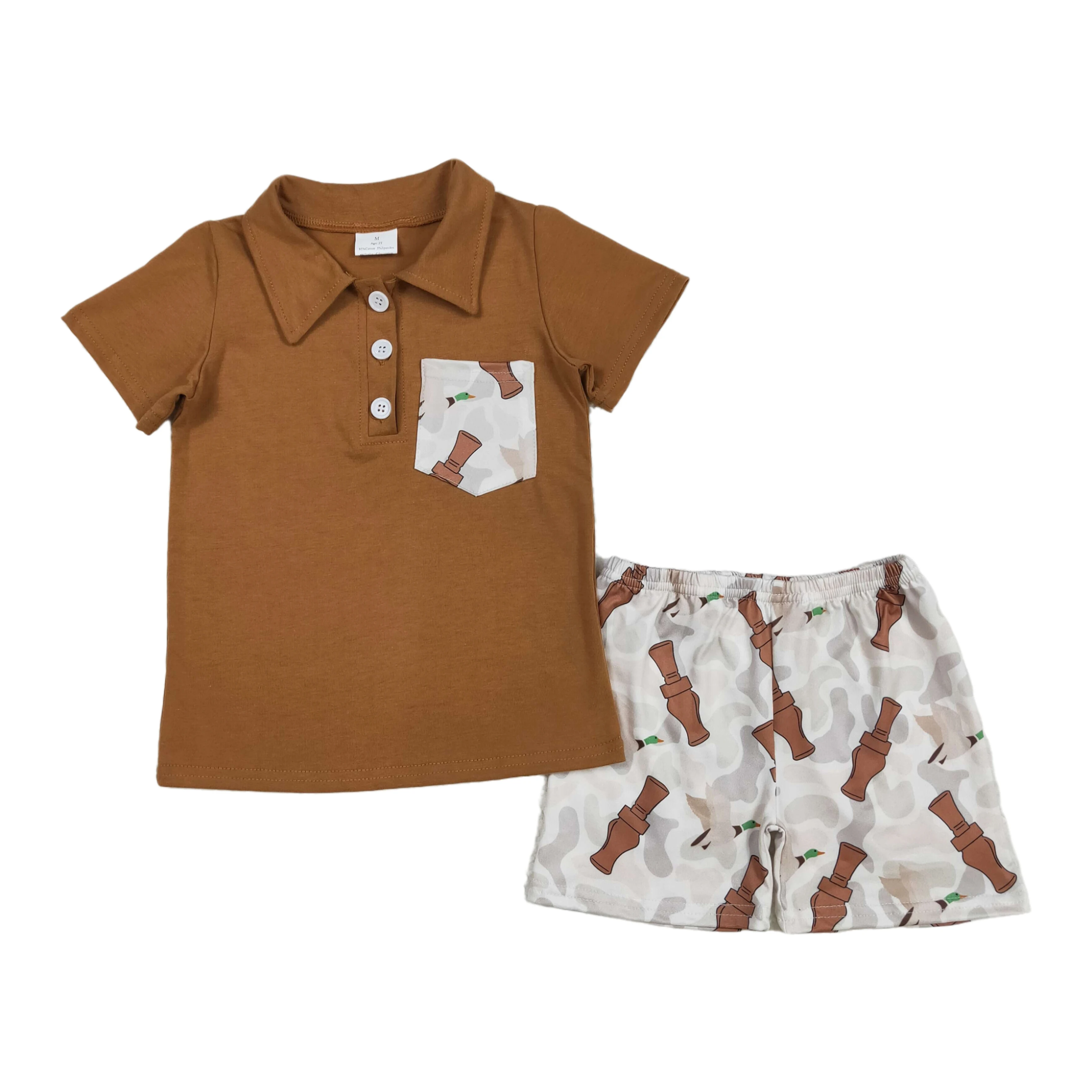 Wholesale Baby Boys Brown Pocket Tee Shirts Duck Call Camouflage Shorts Clothes Sets Boutique Kids Clothes Infant Summer Outfits