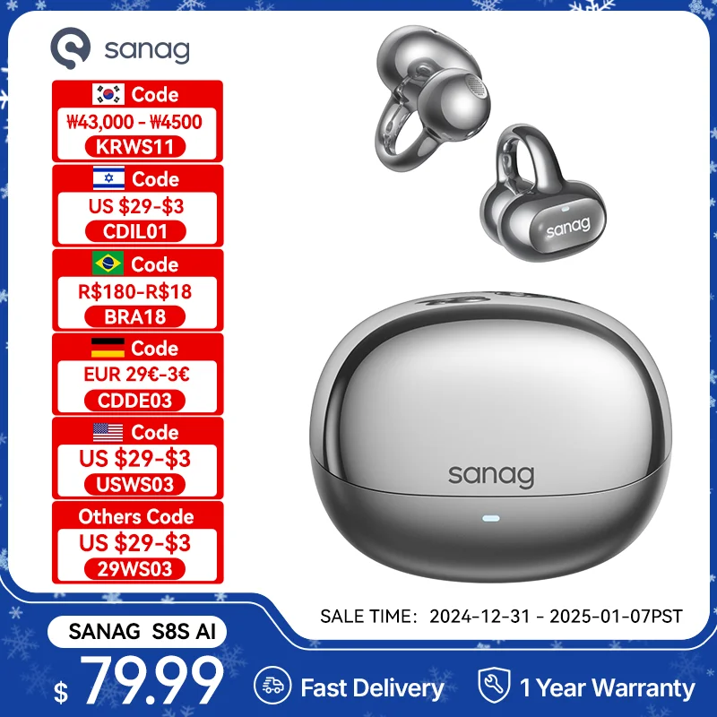 Sanag S8S AI Ear Clip Earphones AI Translation Bluetooth 5.4 Wireless Open Ear ENC Noise Reduction Headphones Sports TWS Earbuds