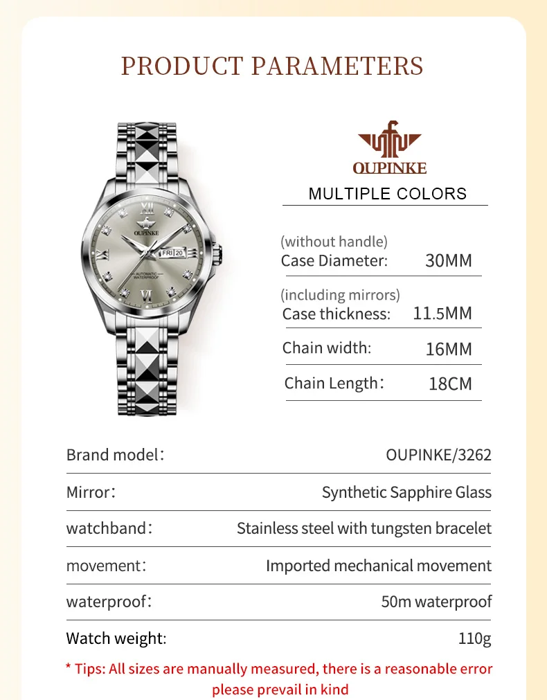 OUPINKE 3262 Women\'s Mechanical Wristwatch Tungsten Steel Diamond Scale Original Japan Movement Fully Automatic Watch for Women