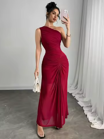 Women's One-Shoulder Ruched Burgundy Maxi Dress for Evening Party