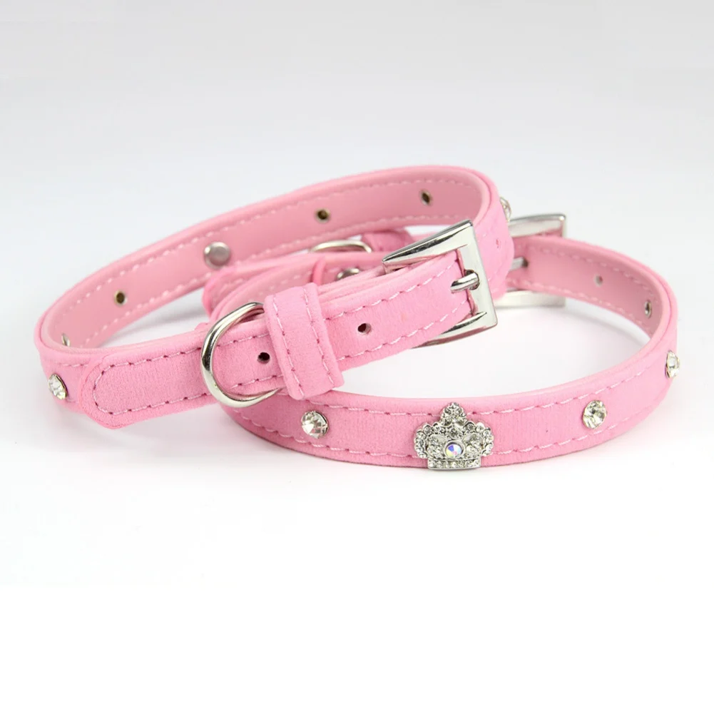 Soft Adjustable PU Leather Puppy Dog CollarBling Crystal Pendants Cat Pet Pink Collar Suit Pet Supplies Accessories