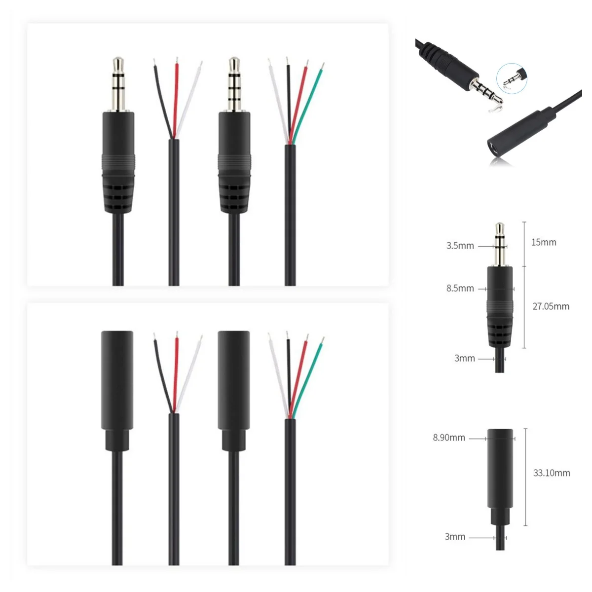3.5mm 3-Pole 4-Pole Jack DIY Earphone Cable Headphone Repair Replacement Wire Cord DIY 0.3m 1m
