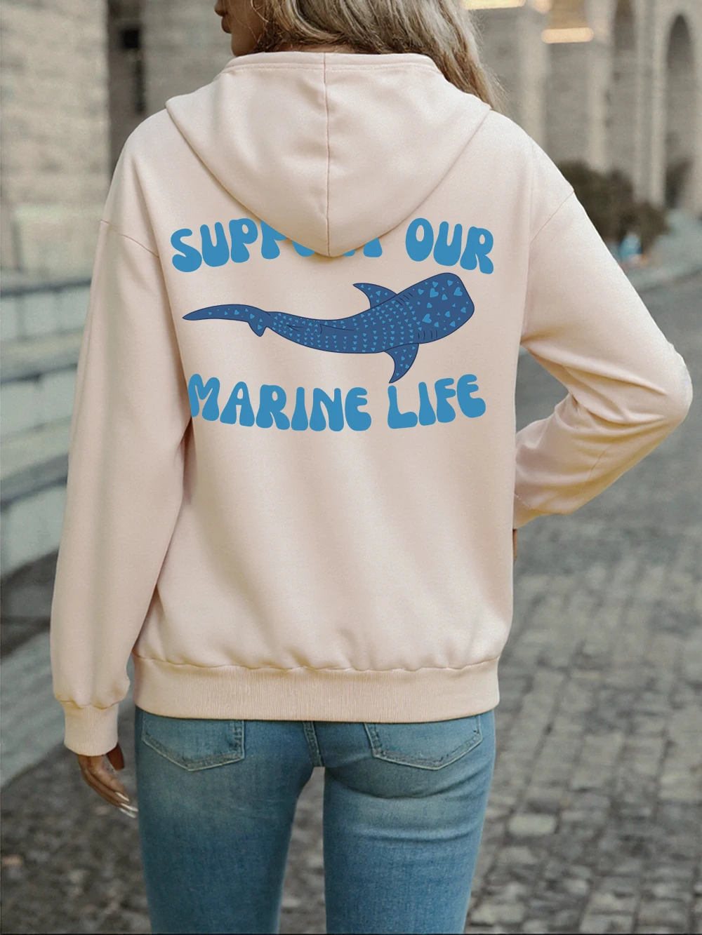 해양 생물 프린팅 후드티 여성 스트릿 루즈 풀오버 기본 스포티 스웨트셔츠 겨울 플리스 따뜻한 여성 의류