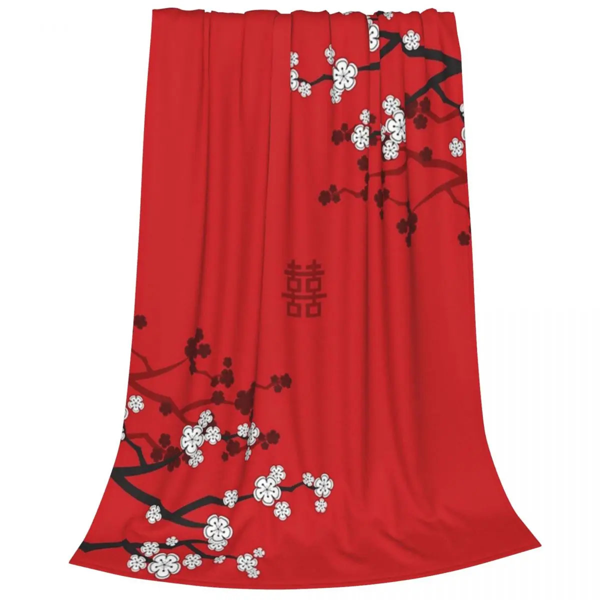 White Cherry Blossoms On Red And Wedding Double Blanket Fleece Lightweight Throw Blankets For Couch Outdoor Throws Bedspread