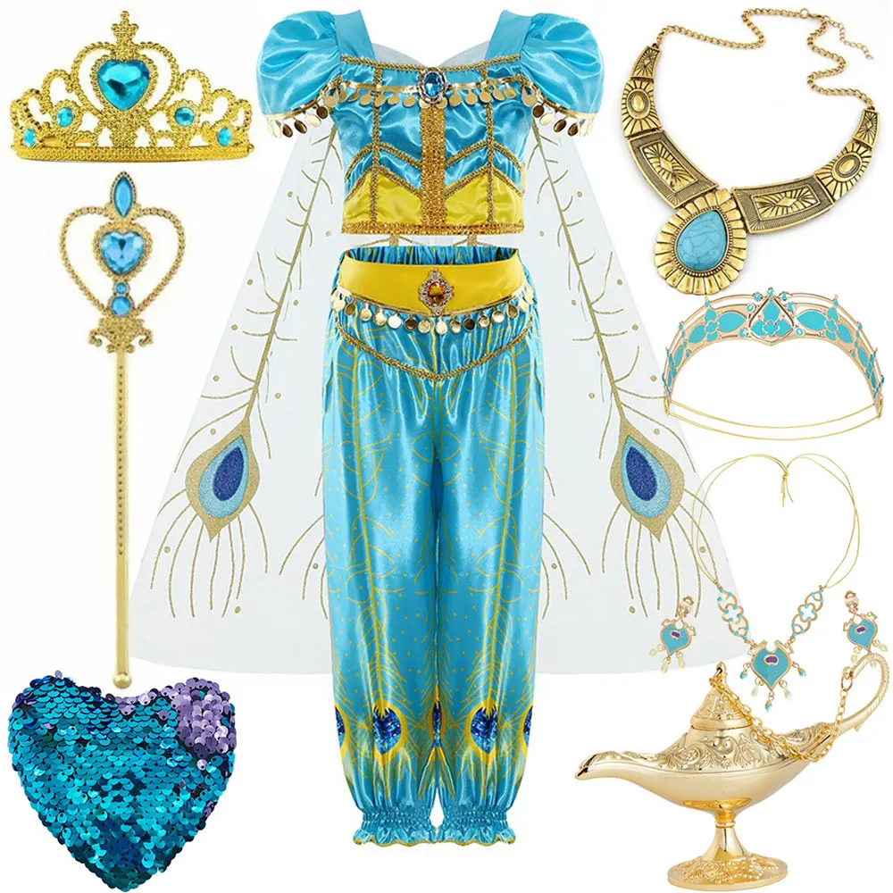 

Платье Alibaba One Thousand and One Nights Princess Jasmine, синее платье, костюм из двух предметов с короткими рукавами + брюки + комплект аксессуаров