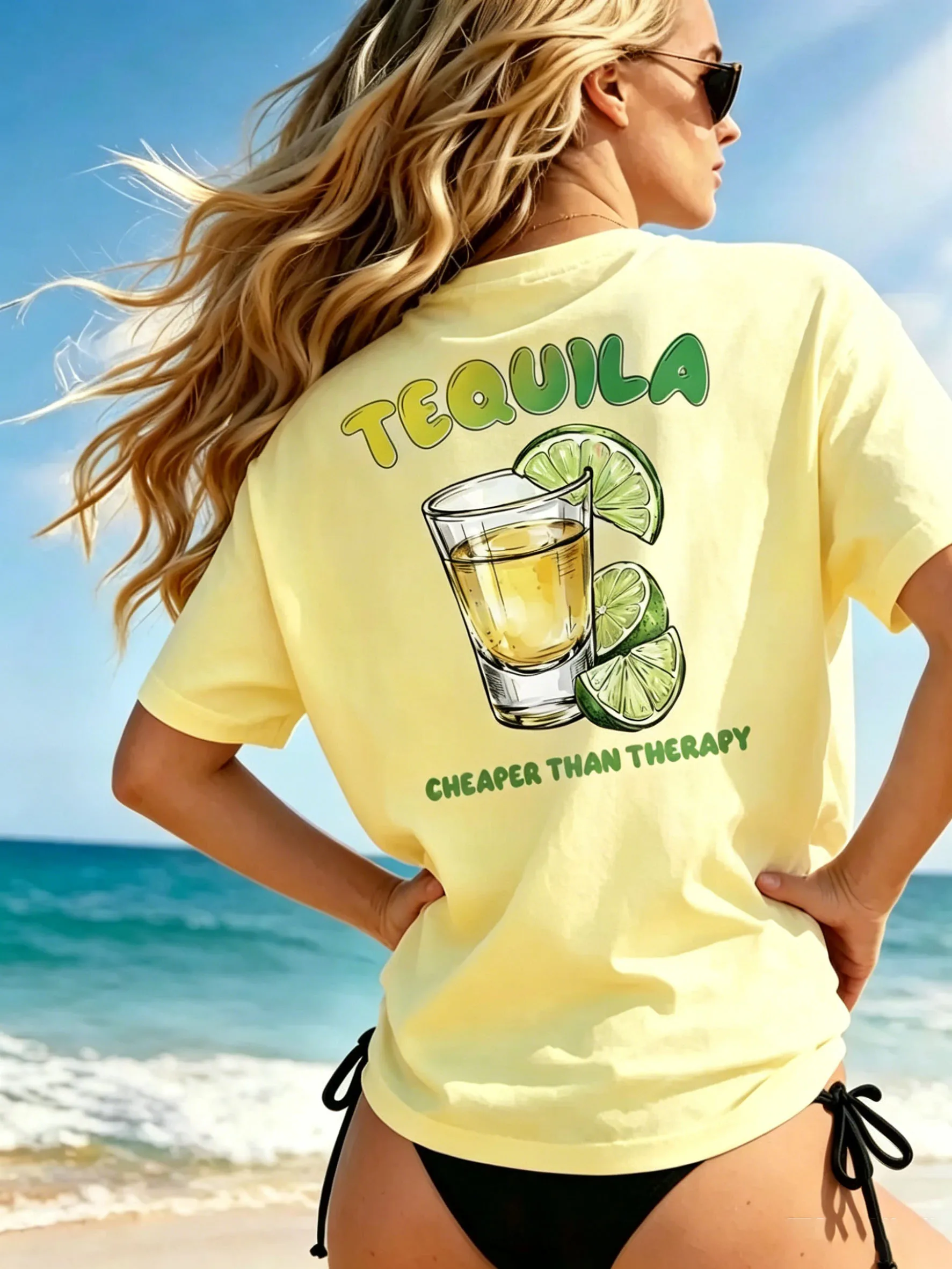 Women  Back Print T-shirt Tequila Lime Shot Glass Graphic Letter O-neck Short Sleeve Soft Cotton Summer Beach Casual Tee Tops
