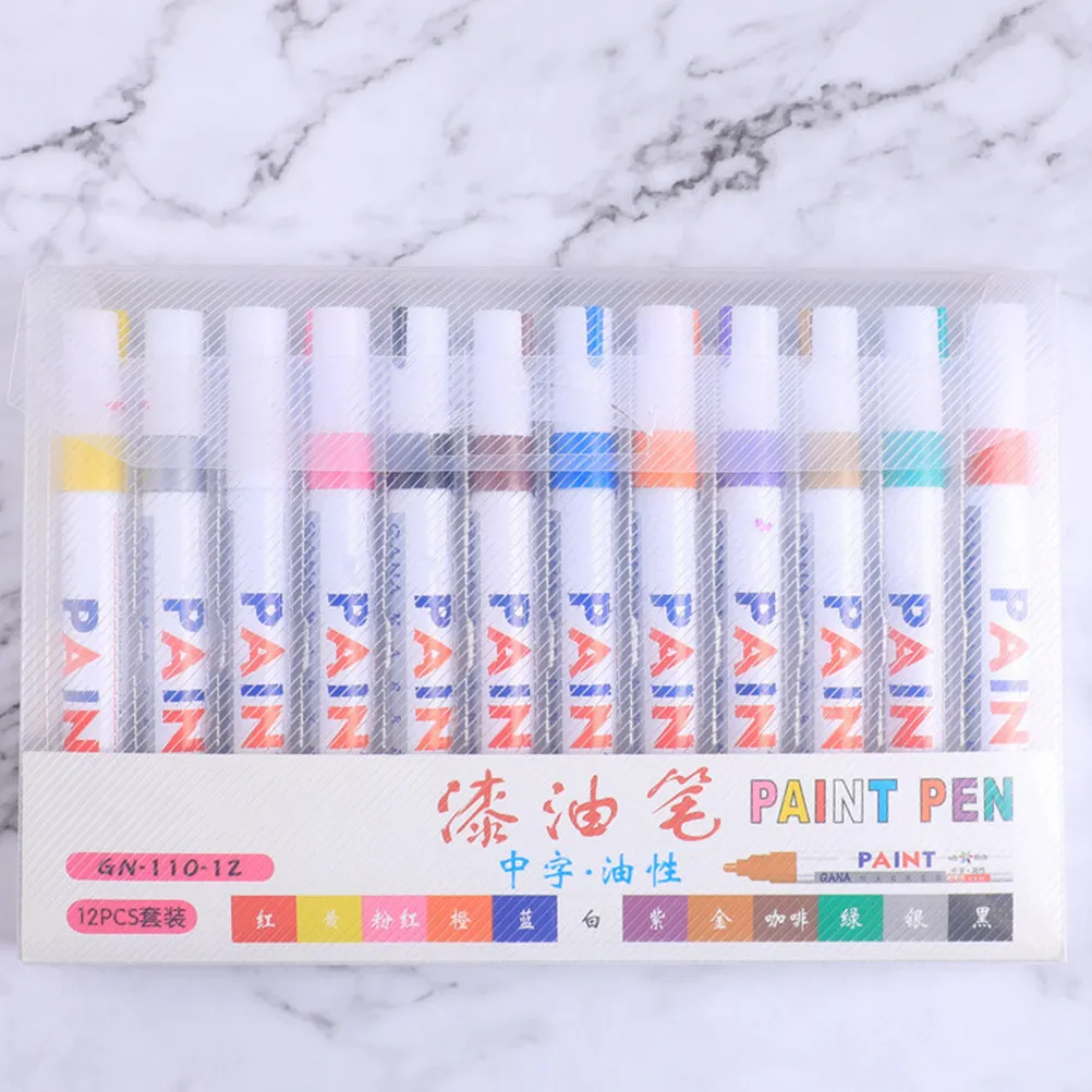 12Pcs Car Coat Paint Pen Set 12 Color Wheel Repair Marker for Scratches Chips Fade on Tires Wheels Metal Glass Wood Surfaces