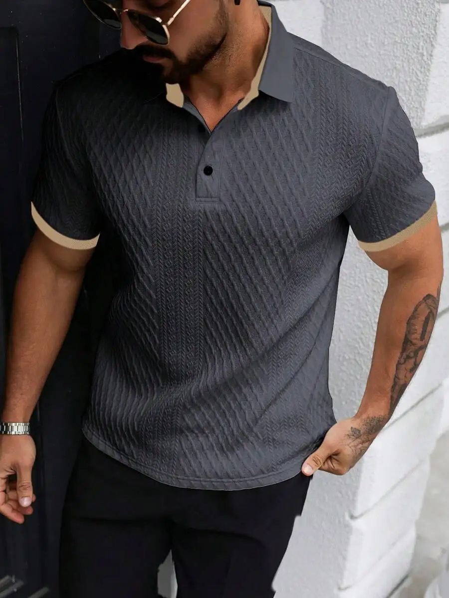

Men's Textured Contrast Trim Short Sleeve Polo Shirt, Dark Gray Casual Summer Top
