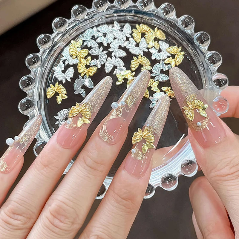 10 قطعة فراشة مزدوجة سبيكة مسمار الفن سحر الذهب/الفضة/الأبيض الأظافر زينة مجوهرات فاخرة ثلاثية الأبعاد مسمار الملحقات شقة الظهر #2