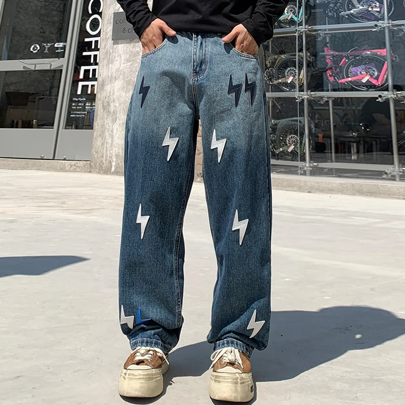 K 116801 미국 하이 스트리트 라이트닝 그라데이션 컬러 청바지 남성 트렌디 브랜드 루즈 스트레이트 와이드 레그 넷 레드 캐주얼 헌드레