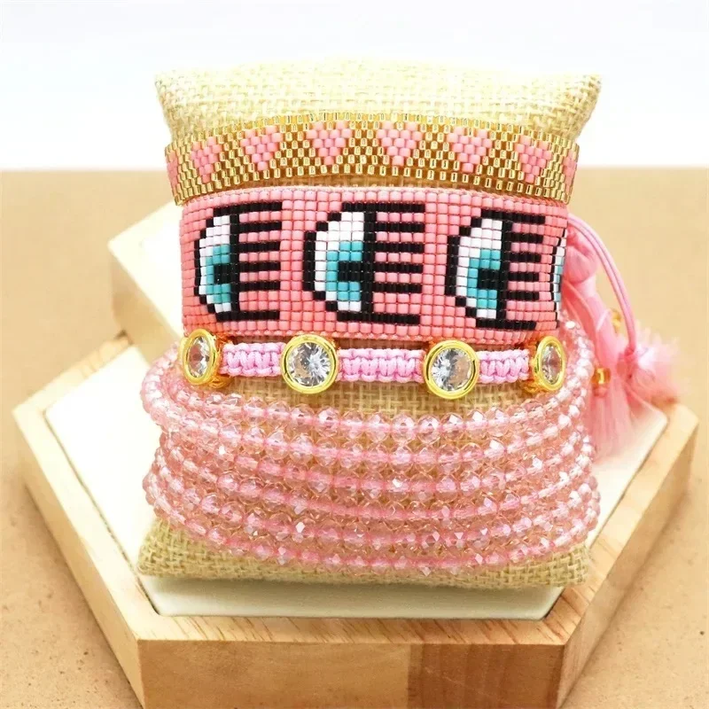Rice bead bracelet Pink Devil's eye Crystal Heart Bohemia Female Hand knitting Design Multilayer  Fashion  Beaded bracelet