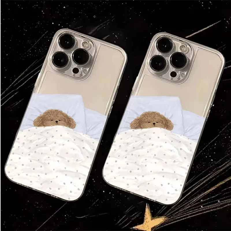 Cute Sleepy Dog Transparent Phone Case For Samsung S25 FE S24 Plus S23 Ultra S22 S21 S20 Soft TPU Ins Style Cartoon Puppy Cover
