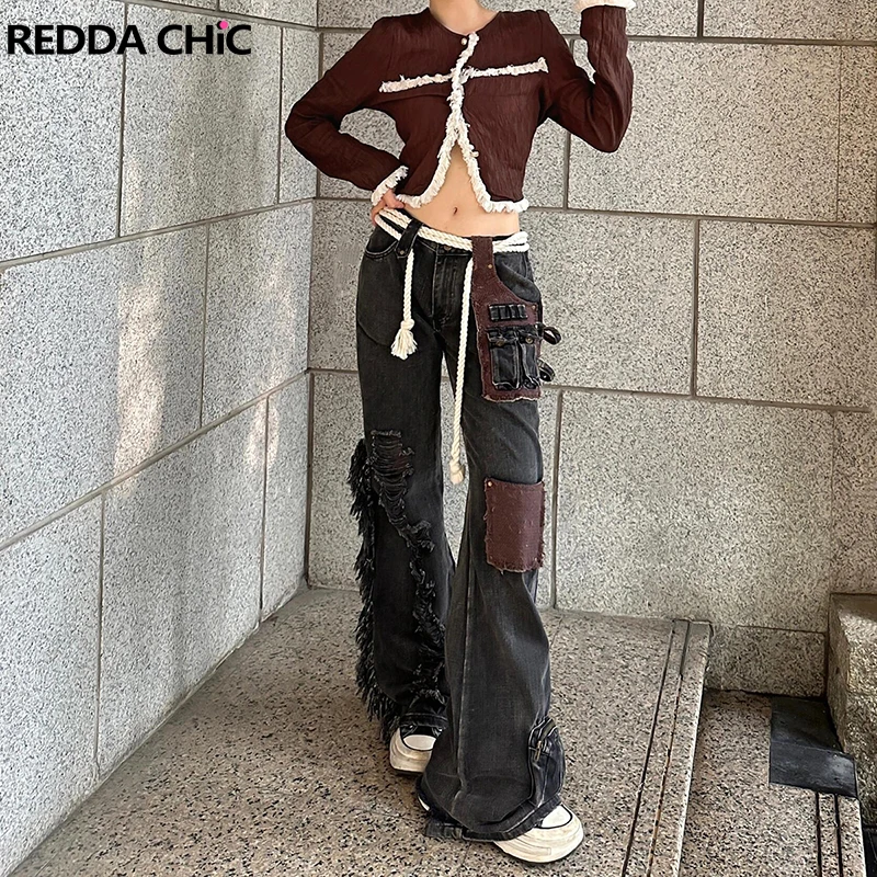 REDDACHiC Low Rise Tassels Destroyed Cargo Jeans Women Patchwork Pockets Studded Bootcut Pants Bell Bottoms 90s Retro Streetwear