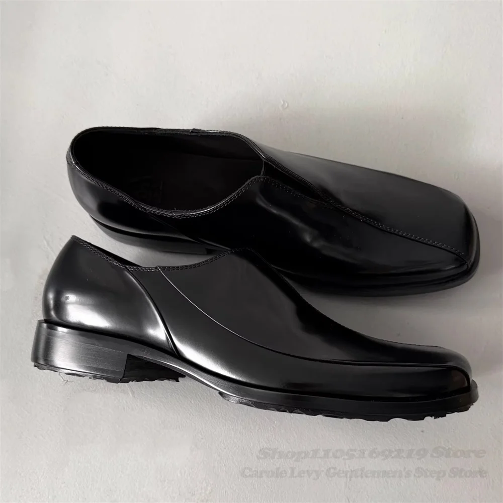 

Black Unisex Loafers for Men and Women Retro Square Toe Casual Leather Shoes Solid Color Slip On Comfortable Single Shoes