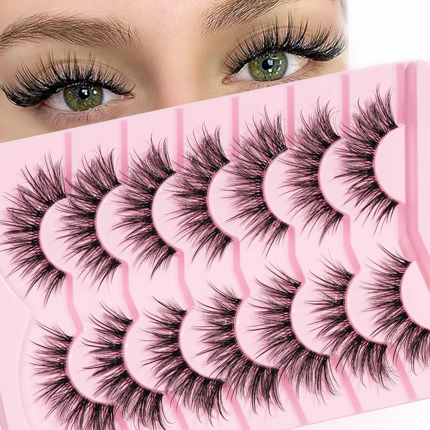 7 Paar transparente, schlanke, lange, unordentliche falsche Wimpern, Augenschwanz, längliche