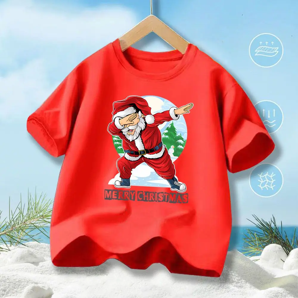Jungen-T-Shirt aus Baumwolle mit Weihnachtsmotiv, coolem Dabbing-Santa-Print, kurzärmelig, lässiges Oberteil für die Feiertage