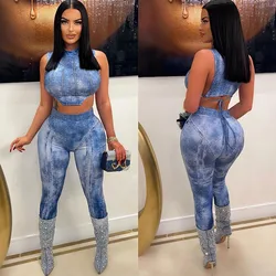 Streetwear Fake Denim Print 2 Piece Sets Women Outfit 2023 Summer Bodycon Crop Top and Pant Sets Festival Clothing Matching Sets