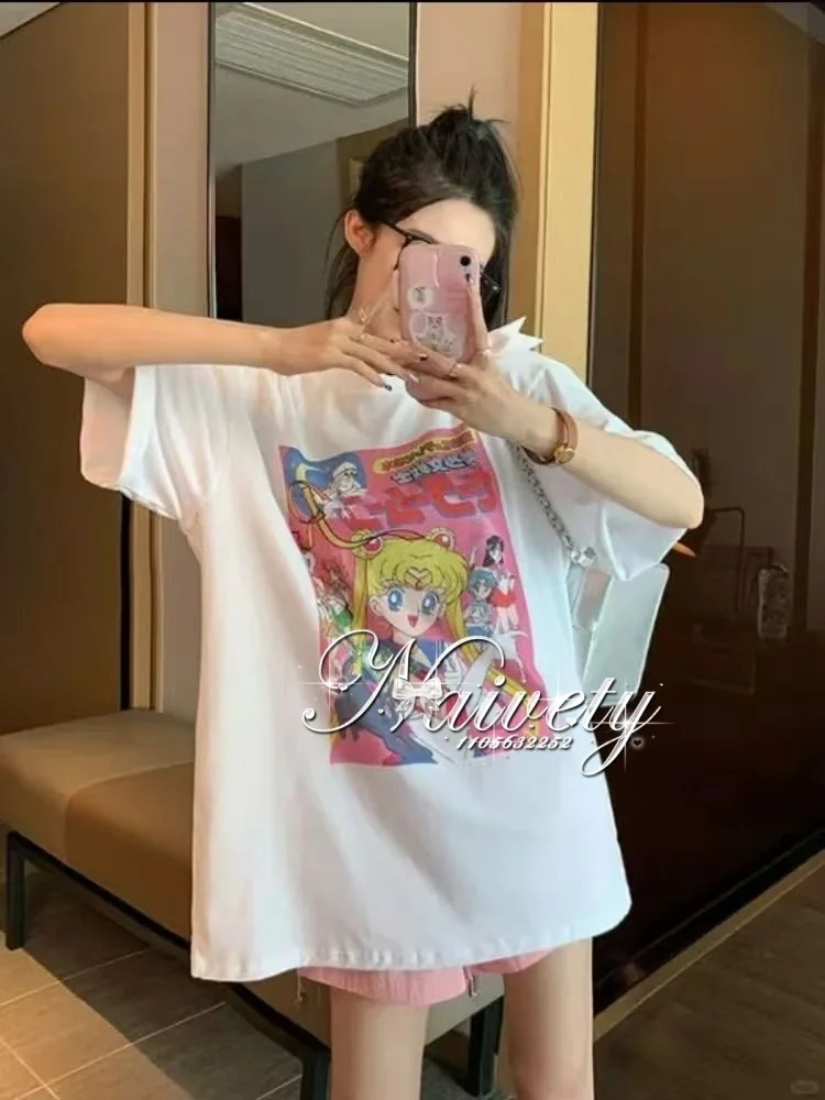 Sailor Moon Vintage 90er Jahre Cartoon-Print Sommer Baumwoll-T-Shirt für Männer und Frauen Lässige Streetwear Trend Kurzarm-Paar-Hip-Hop-Tops Y2k