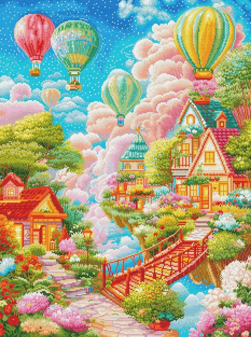9CT 75X100CM Needlework,DIY Living Room Printed Cross Stitch,Set For Embroidery Kit Cotton Threads Hot Air Balloon Wonderland