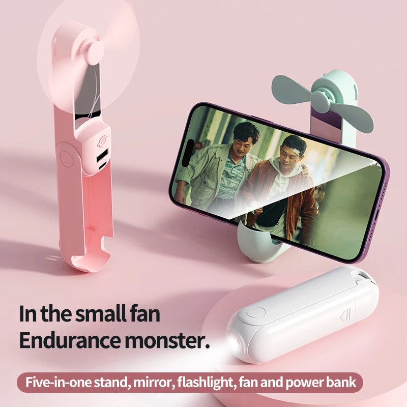 5 in 1 Portable Fan Flashlight Rechargeable Mini Handheld Foldable Fan Small Pocket Travel Fan with Power Bank Mirror Torch