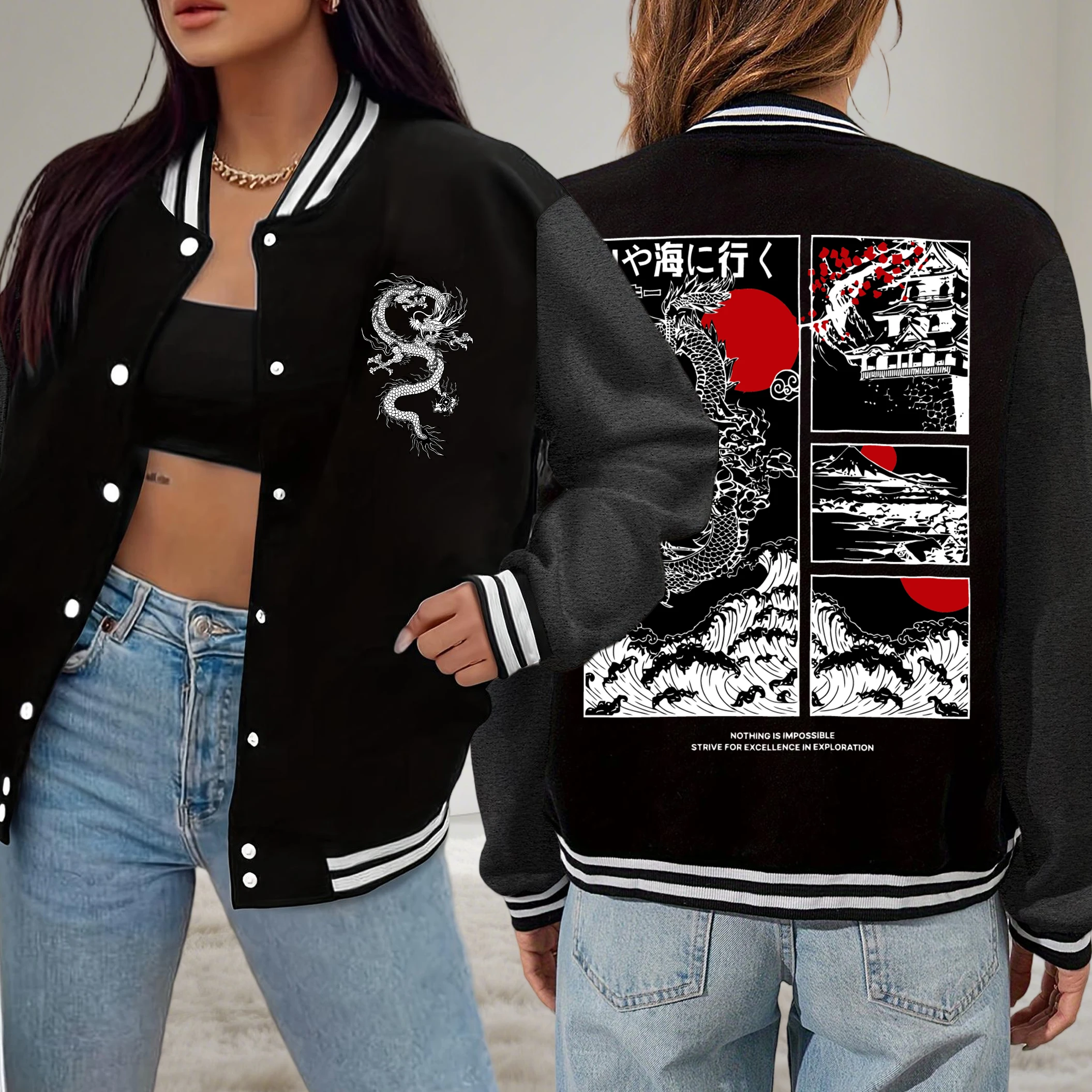 

Harajuku Japan Dragon Cherry Bloom Sea Wave Printing Jackets Women American Fleece Baseball Uniform Autumn Loose Sportswear