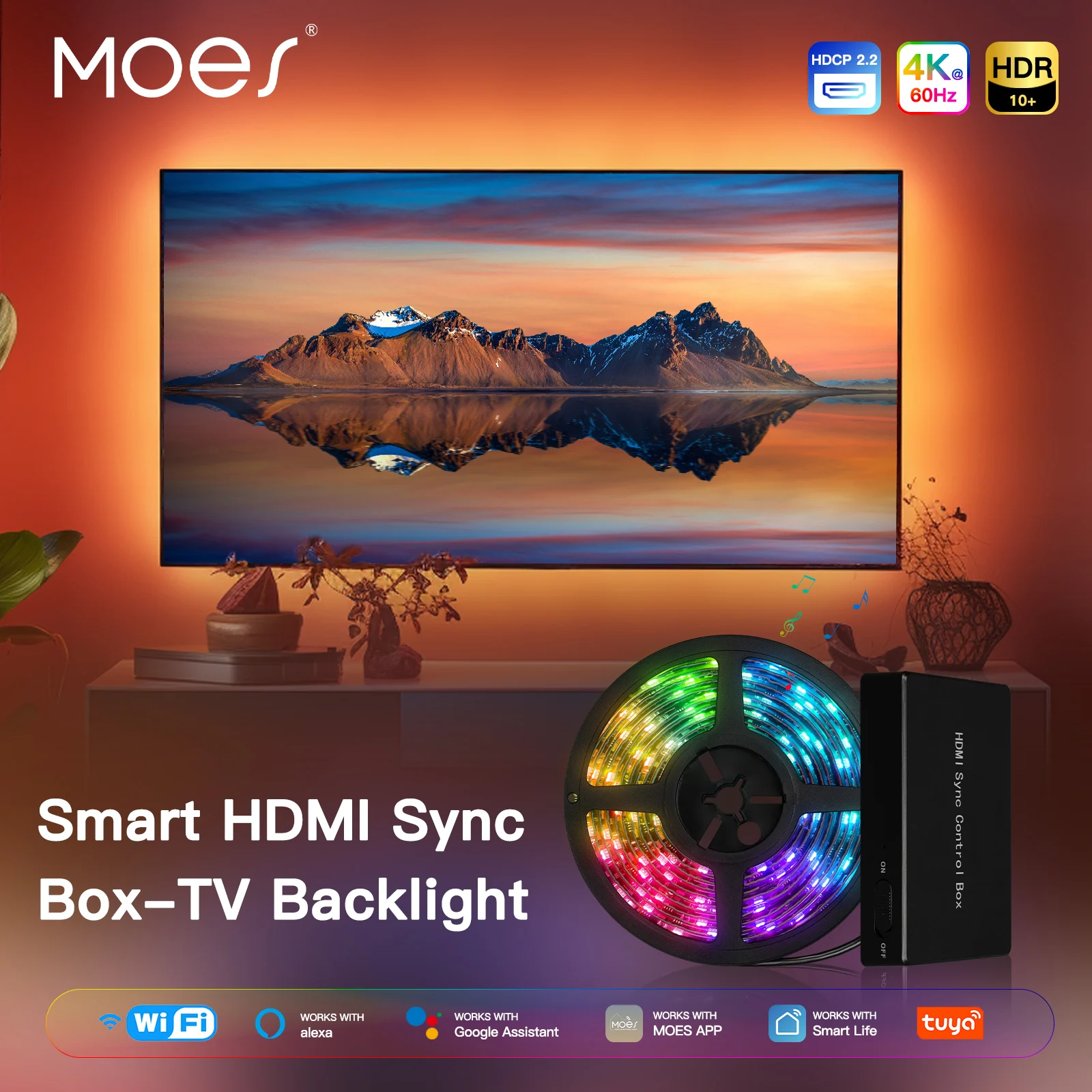 

MOES Wifi Smart Ambient Lighting TV Backlight HDMI 2.0 Device Sync Box Led Strip Lights Kit Alexa Voice Google Assistant Control