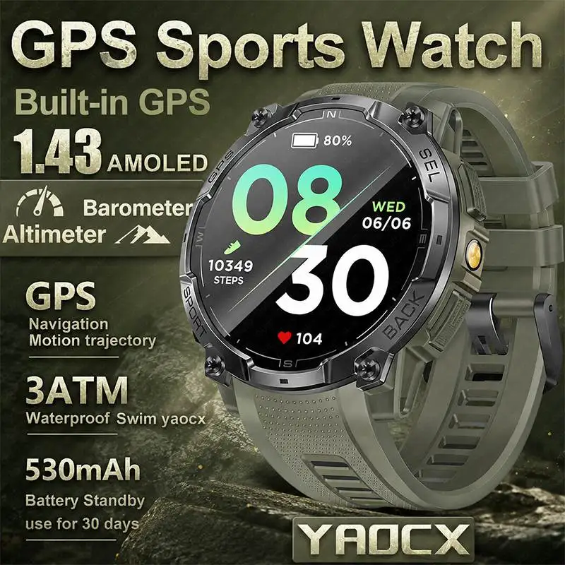

Military GPS SmartWatch 1.43insh 3ATM Flashlight Altitude Barometric Pressure Blood Oxygen Bluetooth Call Sports Mode SmartWatch