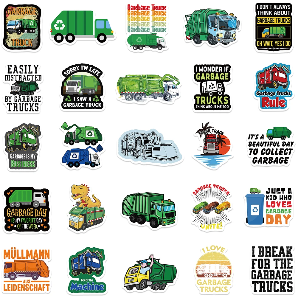 50pcs Green Garbage Trucks Stickers Decals For Phone Laptop Water Cup Scrapbook Skateboard Cartoon Aesthetic Stickers Kids Gifts