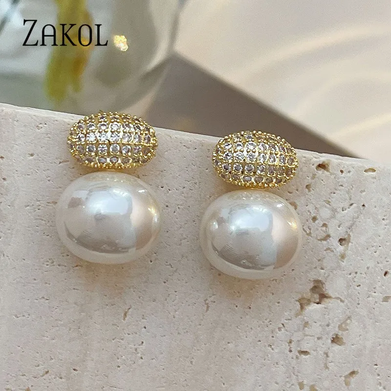 ZAKOL Elegant Oval Imitation Pearl Stud Earrings for Women Geometric Fashion Cubic Zirconia Earring Wedding Party Jewelry