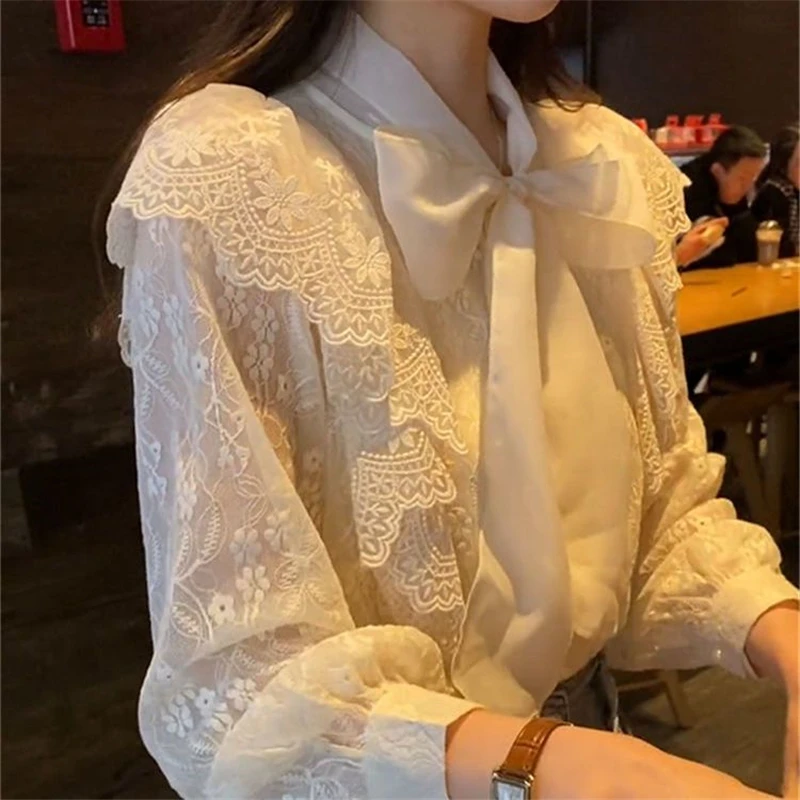 Women Vintage Embroidery Lace Bow Elegant Chic Shirts Spring Autumn Fashion Y2K Long Sleeve Solid Sweet Blouse Blusas Para Mujer