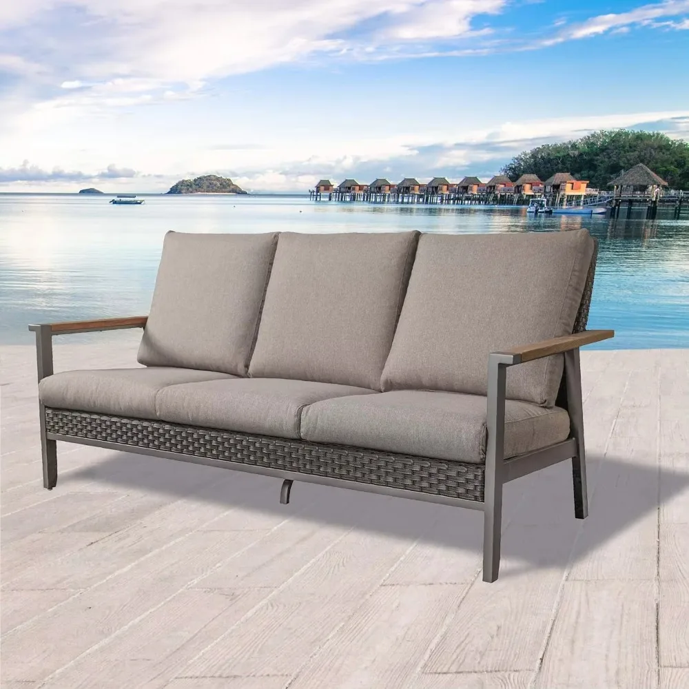 Outdoor Wicker 3-Seat Couch Loveseat Patio Rattan Bench with Removable Thick Cushions Steel Frame for Garden, Yard, Porch, Gray