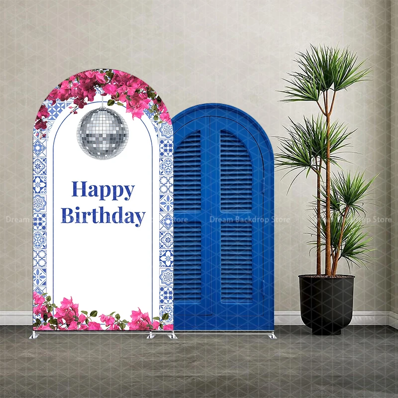 

Двусторонний ретро-декор для двери в стиле диско, синий, с цветочным узором, средиземноморская арка, фон для детского дня рождения, свадьбы, украшение для вечеринки