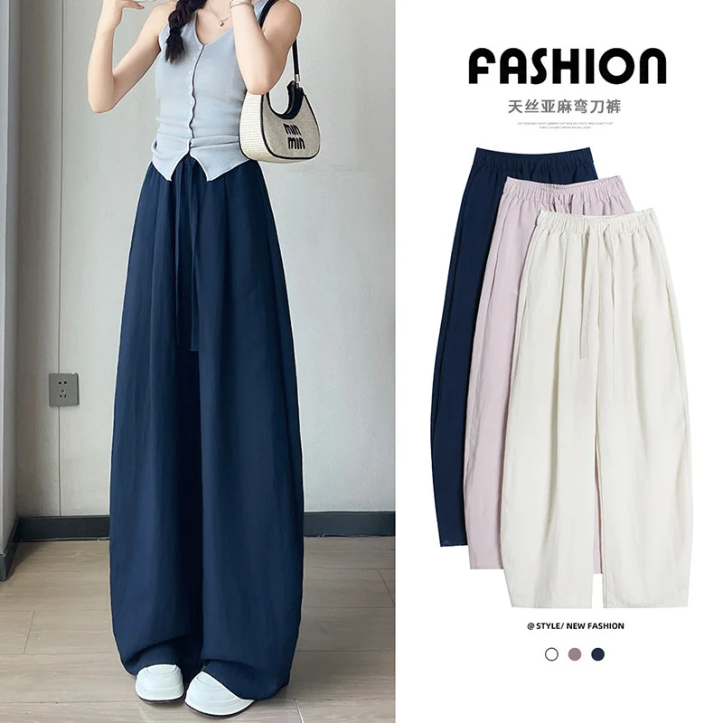 Pantalon à jambes larges en lin lavé pour femmes, été, ourlet fin et incurvé, ample, décontracté, en coton et lin