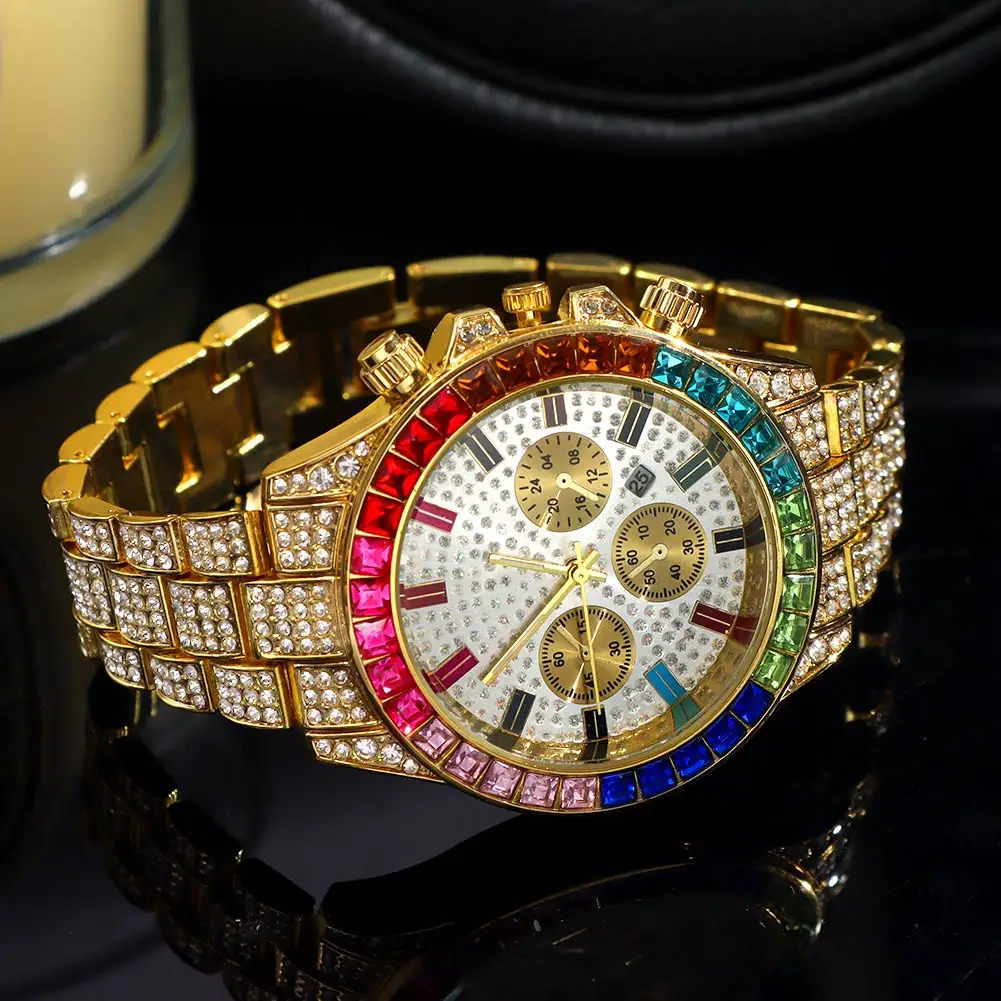 Fashion Hiphop Women Quartz Watch Luxury Cuban Bracelet Chain Sets Rhinestones Dress Wristwatch For Ladies Gift