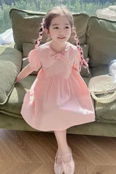 Girls and Children's Summer Fashion Solid Color Pearl Doll Neck Short Sleeve A-line Dress 1-6 Years Old