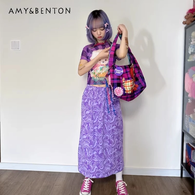 

Japanese Original Design Purple Printed Women's Long Skirt 2026 Summer New Comfortable Elastic Waist Loose Versatile Skirts Girl