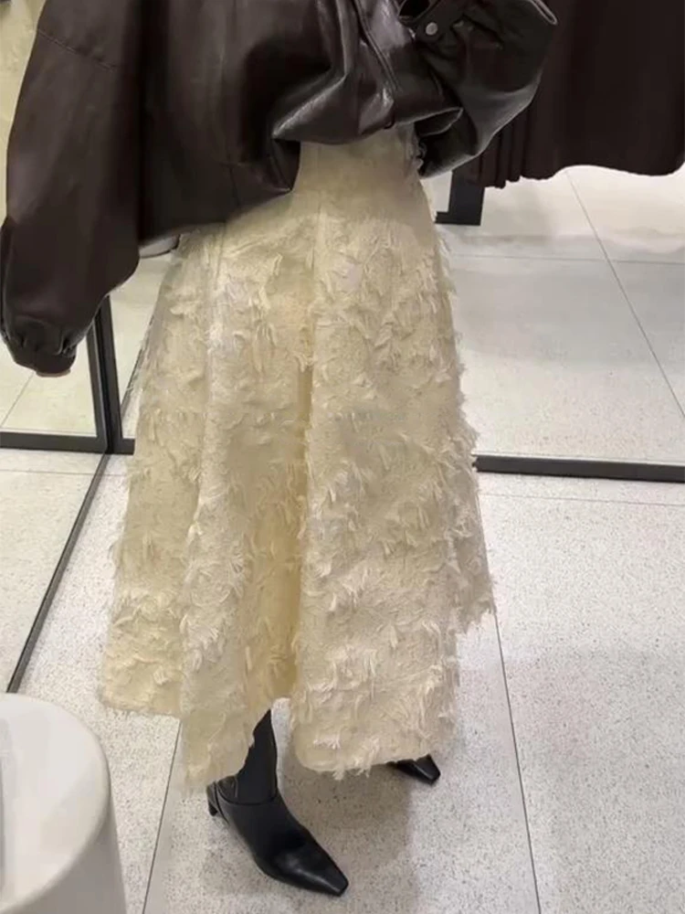 

Lady Goose Yellow Feather Textured Midi Skirt Women Elegant Fluffy High-waisted Flared A-line Bottom Daily Commute Office Skirts